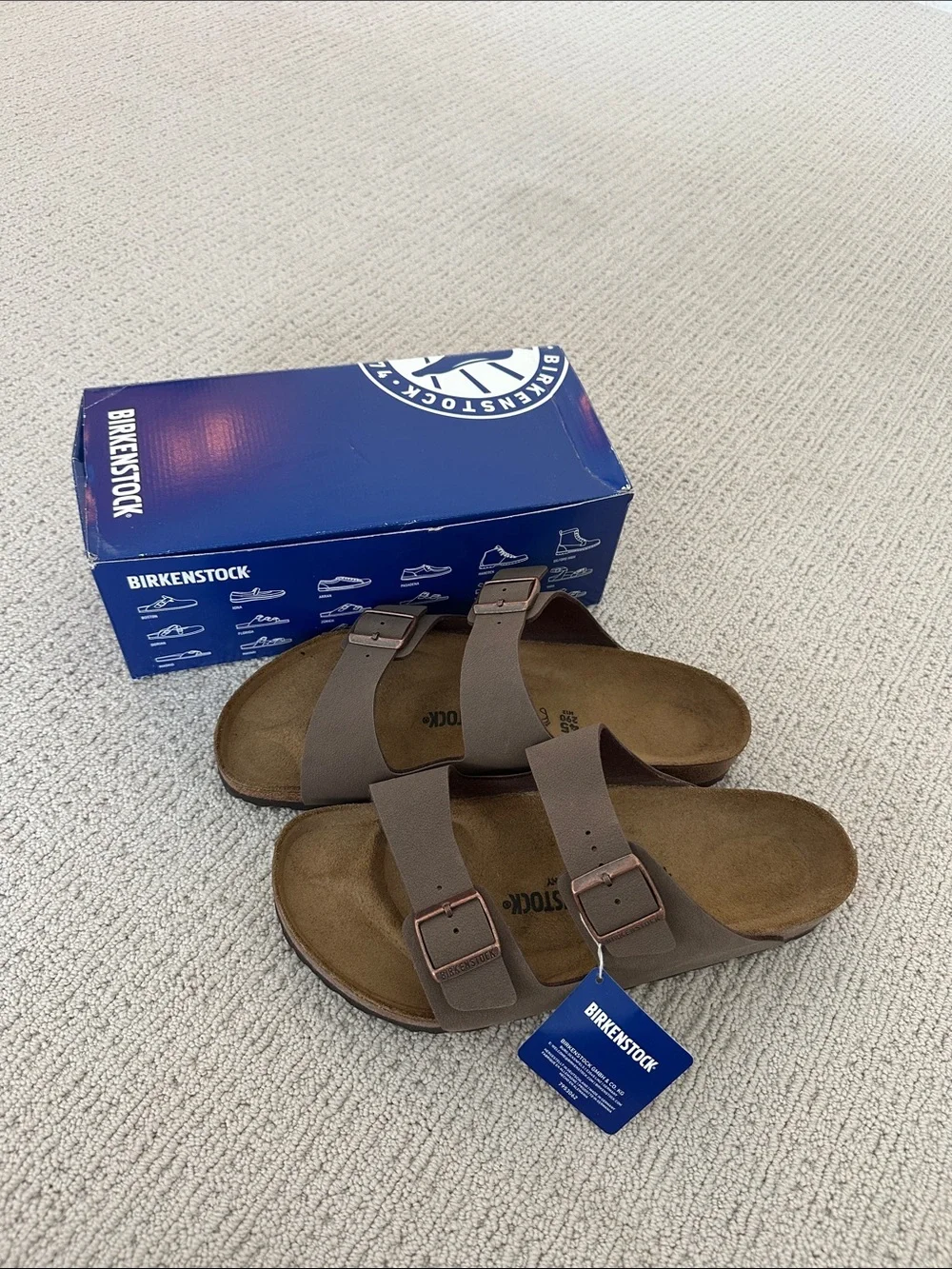 NEW IN BOX Birkenstock Men's Arizona Two-Strap Sandals in Taupe Brown